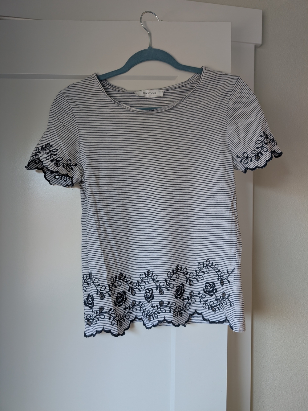 Promod Bordeaux Striped Tee with Black Floral Embroidery